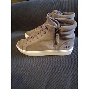 UGG Olli Woman's Gray Suede Mole‎ High Top Zip Lace Platform Sneakers Sz 8